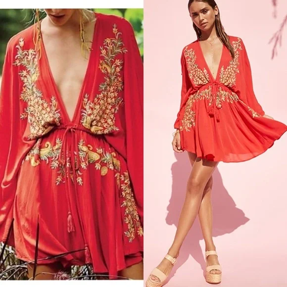 green emerald velvet dress Free People Santiago Embroidered Mini Dress Ivory L main image 1